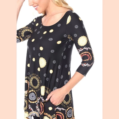 Women's 3/4 Sleeve Printed Erie Tunic Top With Pockets - White Mark
