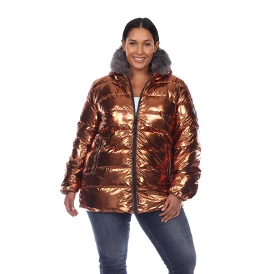 Plus Size Metallic Puffer Coat With Hoodie - White Mark 9 Plus Size Metallic Puffer Coat With Hoodie - White Mark - Image 9
