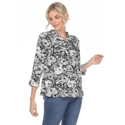Women's Pleated Casual Floral Blouse - White Mark 1 Women's Pleated Casual Floral Blouse - White Mark
