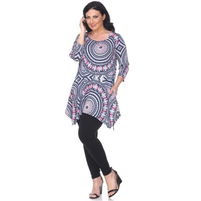 Women's Plus Size 3/4 Sleeve Printed Maji Tunic With Pockets - White Mark 1 Women's Plus Size 3/4 Sleeve Printed Maji Tunic With Pockets - White Mark