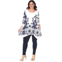 Women's Plus Size Scoop Neck Printed Yanette Tunic Top - White Mark