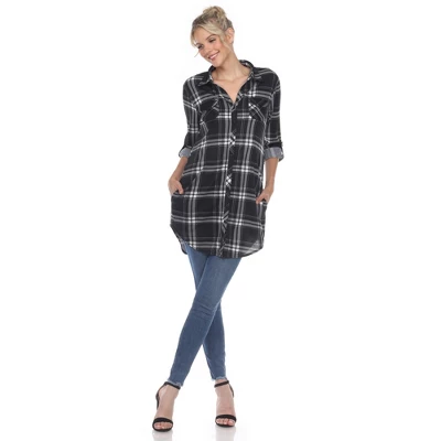 Women's Printed Plaid Roll Tab Tunic - White Mark 1 Women's Printed Plaid Roll Tab Tunic - White Mark