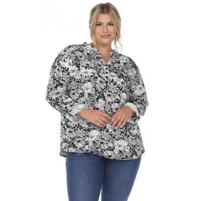 Womens Plus Pleated Long Sleeve Floral Print Blouse - White Mark 5 Womens Plus Pleated Long Sleeve Floral Print Blouse - White Mark - Image 5
