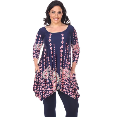 Women's Plus Size 3/4 Sleeve Printed Rella Tunic Top With Pockets - White Mark 6 Women's Plus Size 3/4 Sleeve Printed Rella Tunic Top With Pockets - White Mark - Image 6