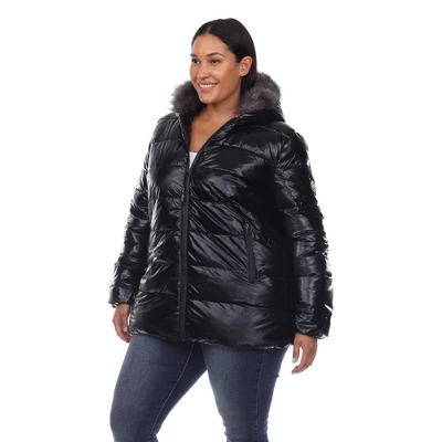 Plus Size Metallic Puffer Coat With Hoodie - White Mark 1 Plus Size Metallic Puffer Coat With Hoodie - White Mark