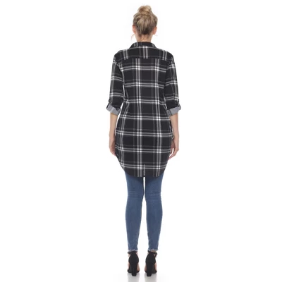Women's Printed Plaid Roll Tab Tunic - White Mark 3 Women's Printed Plaid Roll Tab Tunic - White Mark - Image 3
