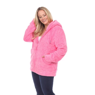 Plus Size Hooded High Pile Fleece Jacket Pink 1X - White Mark 1 Plus Size Hooded High Pile Fleece Jacket Pink 1X - White Mark