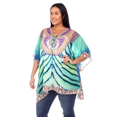 Plus Size Short Caftan With Tie-up Neckline - One Size Fits Most Plus - White Mark 1 Plus Size Short Caftan With Tie-up Neckline - One Size Fits Most Plus - White Mark