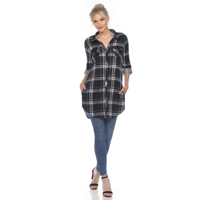 Women's Printed Plaid Roll Tab Tunic - White Mark 5 Women's Printed Plaid Roll Tab Tunic - White Mark - Image 5