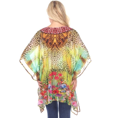 Women's Animal Print Caftan With Tie-up Neckline - One Size Fits Most - White Mark 2 Women's Animal Print Caftan With Tie-up Neckline - One Size Fits Most - White Mark - Image 2