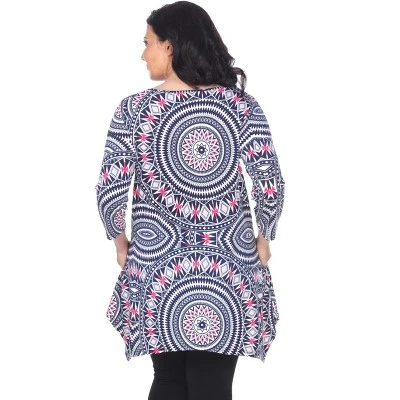 Women's Plus Size 3/4 Sleeve Printed Maji Tunic With Pockets - White Mark 2 Women's Plus Size 3/4 Sleeve Printed Maji Tunic With Pockets - White Mark - Image 2