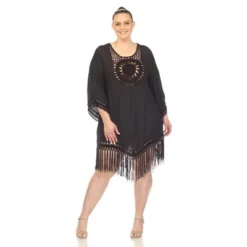 Plus Size Crocheted Fringed Trim Dress Cover Up - White Mark -ChicMama Sales Store GUEST a561a210 6603 4348 9ca1 3acce3c1e424