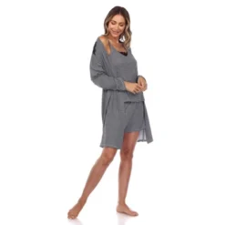 Women's 3 Piece Striped Pajama & Robe Set - White Mark
