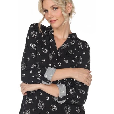 Women's Pleated Long Sleeve Leaf Print Blouse - White Mark 4 Women's Pleated Long Sleeve Leaf Print Blouse - White Mark - Image 4