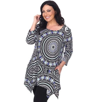 Women's Plus Size 3/4 Sleeve Printed Maji Tunic With Pockets - White Mark 4 Women's Plus Size 3/4 Sleeve Printed Maji Tunic With Pockets - White Mark - Image 4