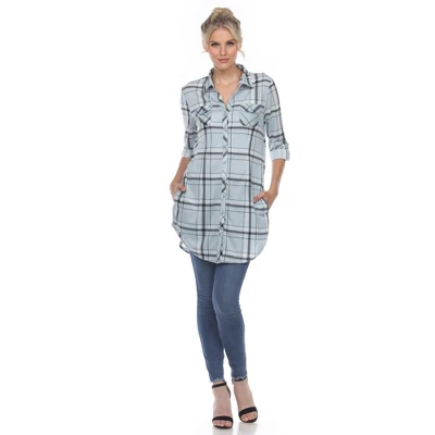 Women's Printed Plaid Roll Tab Tunic - White Mark 9 Women's Printed Plaid Roll Tab Tunic - White Mark - Image 9