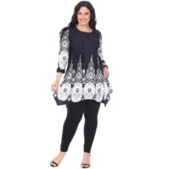 Women's Plus Size 3/4 Sleeve Printed Dulce Tunic Top - White Mark