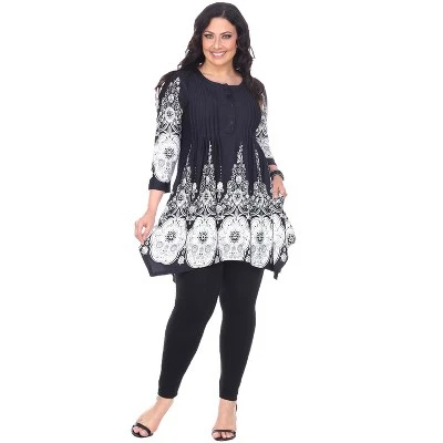 Women's Plus Size 3/4 Sleeve Printed Dulce Tunic Top - White Mark 1 Women's Plus Size 3/4 Sleeve Printed Dulce Tunic Top - White Mark
