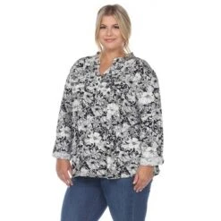 Womens Plus Pleated Long Sleeve Floral Print Blouse - White Mark