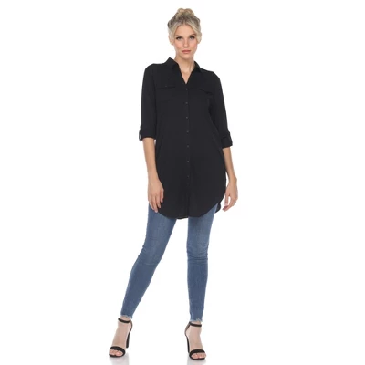 Women's Stretchy Button-Down Tunic - White Mark 1 Women's Stretchy Button-Down Tunic - White Mark