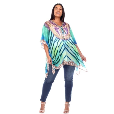 Plus Size Short Caftan With Tie-up Neckline - One Size Fits Most Plus - White Mark 2 Plus Size Short Caftan With Tie-up Neckline - One Size Fits Most Plus - White Mark - Image 2